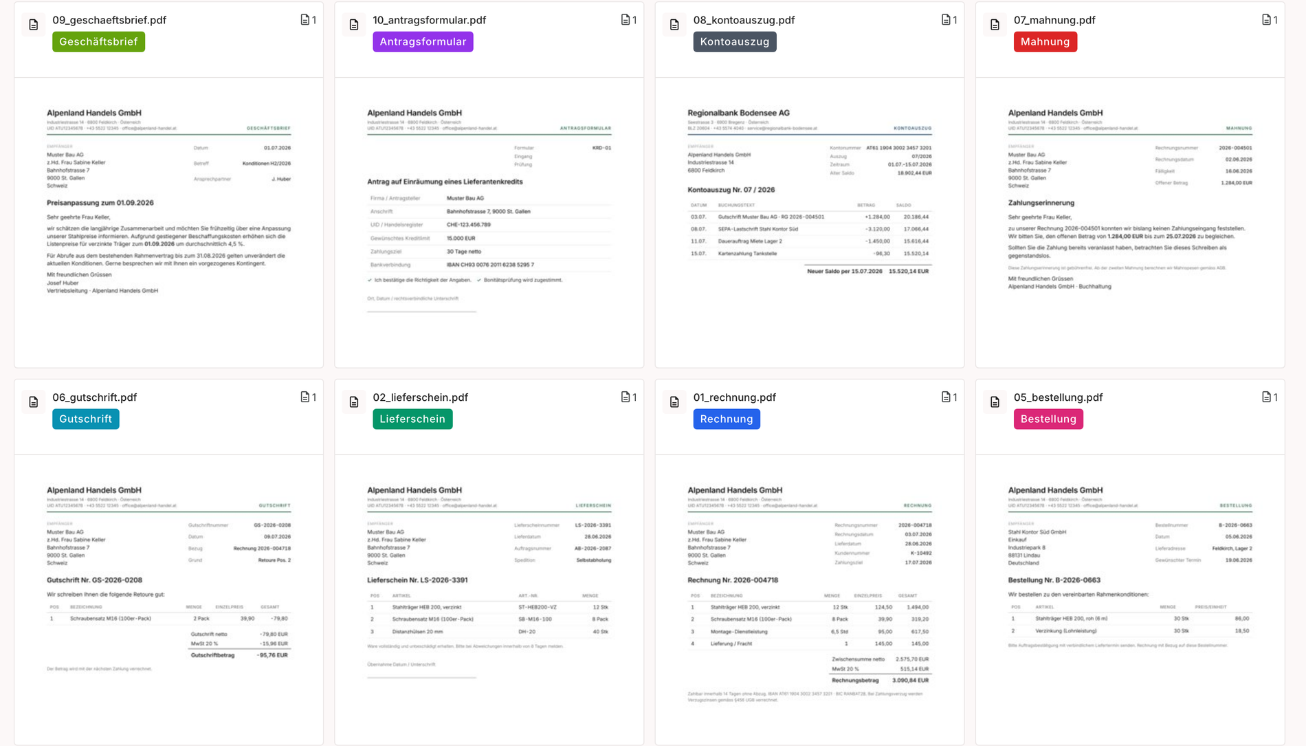feld.ai document list: incoming documents automatically classified as invoice, delivery note, dunning notice, credit note, bank statement and other document types